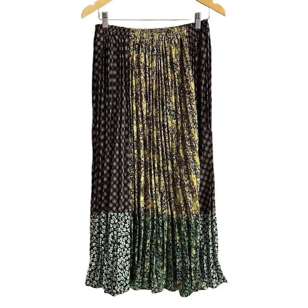 Vintage TRIO NY Peasant Pleated Patchwork Maxi Skirt Yellow Green,Black Size 8